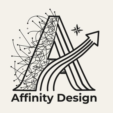 Affinity Design | Human-centered service design and UX architecture Affinity Design, a human-centered service design consultancy. A stylized letter 'A' that transitions from a complex, chaotic web of nodes to structured parallel lines and an upward-pointing arrow on the right, symbolizing strategic growth and clarity
